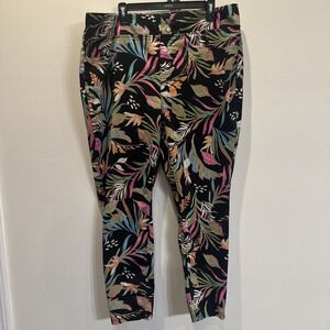 Terra & Sky Black Floral/Leaf Print Pull On Pant Sz 2X (20w-22w) W/ Back Pockets